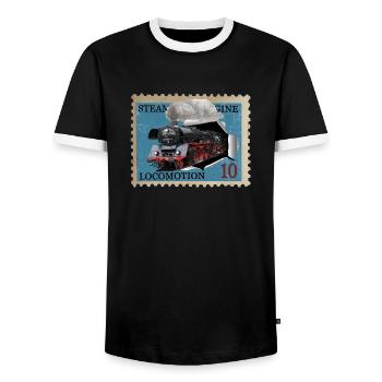 Steam locomotive stamp - Men's Ringer Shirt - black/white - Front - AI Model Female 172 light (172cm) & AI Model Male 178 light (178cm)