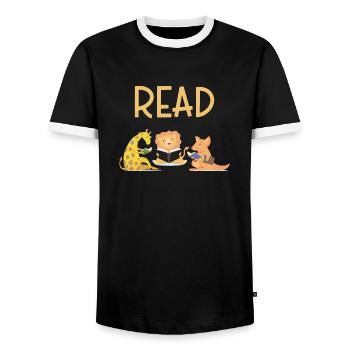 READ, giraffe, lion, kangaroo, books, reading, - Men's Ringer Shirt - black/white - Front - AI Model Female 172 light (172cm) & AI Model Male 178 light (178cm)