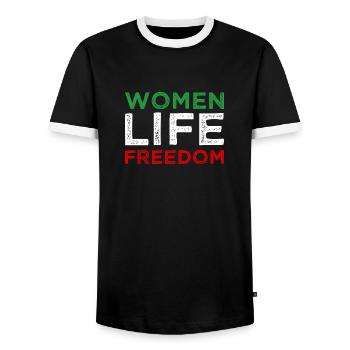 Liberté de vie de femme - Iran - Mahsa Amini - T-shirt contrasté Homme - noir/blanc - Devant - AI Model Female 172 light (172cm) & AI Model Male 178 light (178cm)