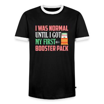 I Was Normal Until I Got My First Booster Pack Col - Men's Ringer Shirt - black/white - Front - AI Model Female 172 light (172cm) & AI Model Male 178 light (178cm)