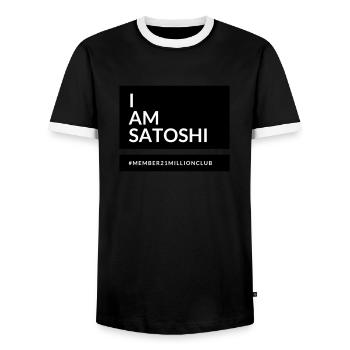 I am Satoshi - Men's Ringer Shirt - black/white - Front - AI Model Female 172 light (172cm) & AI Model Male 178 light (178cm)