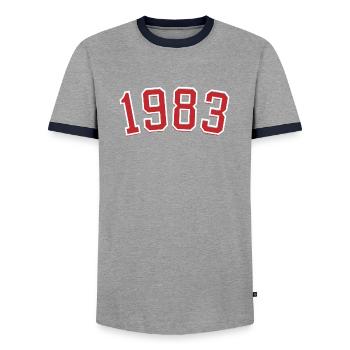 Jahrgang Sport 1983 - Männer Kontrast-T-Shirt - Grau/Navy  - Vorne - AI Model Female 172 light (172cm) & AI Model Male 178 light (178cm)
