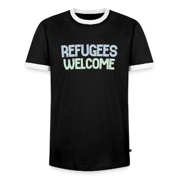 Refugees welcome retro - Men's Ringer Shirt - black/white - Front - AI Model Female 172 light (172cm) & AI Model Male 178 light (178cm)