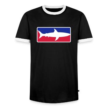 red blue sport shark button frame shield black sc - Men's Ringer Shirt - black/white - Front - AI Model Female 172 light (172cm) & AI Model Male 178 light (178cm)