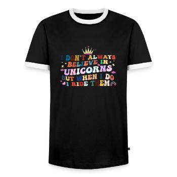 I Don't Believe In Unicorns I Ride Them Funny - Men's Ringer Shirt - black/white - Front - AI Model Female 172 light (172cm) & AI Model Male 178 light (178cm)
