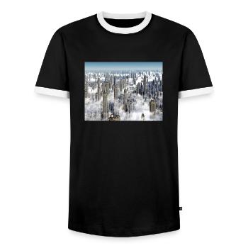 Futuristic skyscrapers in a megacity - Men's Ringer Shirt - black/white - Front - AI Model Female 172 light (172cm) & AI Model Male 178 light (178cm)