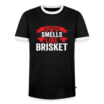 My husband smells like Brisket - Men's Ringer Shirt - black/white - Front - AI Model Female 172 light (172cm) & AI Model Male 178 light (178cm)