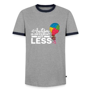 Autism is different not less Autist puzzle piece - Men's Ringer Shirt - grey/navy  - Front - AI Model Female 172 light (172cm) & AI Model Male 178 light (178cm)