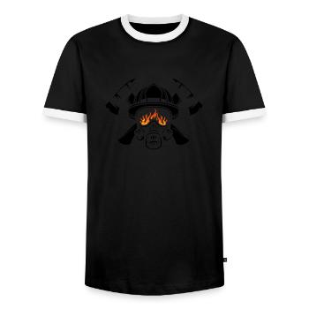 Helm und Atemschutz mit gekreuzten Äxten Feuerwehr - Männer Kontrast-T-Shirt - Schwarz/Weiß - Vorne - AI Model Female 172 light (172cm) & AI Model Male 178 light (178cm)