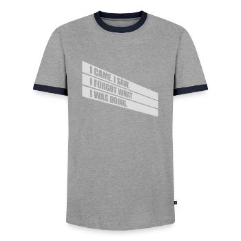 I came saw forget - Men's Ringer Shirt - grey/navy  - Front - AI Model Female 172 light (172cm) & AI Model Male 178 light (178cm)