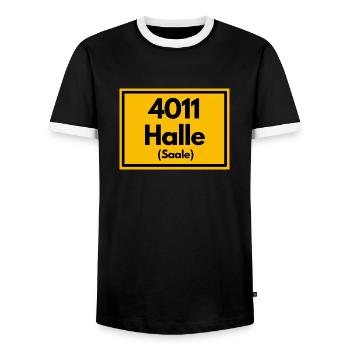 Place sign - then retro old zip code 4011 HALLE - Men's Ringer Shirt - black/white - Front - AI Model Female 172 light (172cm) & AI Model Male 178 light (178cm)