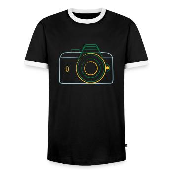 Camera de - Männer Kontrast-T-Shirt - Schwarz/Weiß - Vorne - AI Model Female 172 light (172cm) & AI Model Male 178 light (178cm)