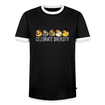 Funny Celebrate Diversity Yellow Bath Duckie Rubbe - Men's Ringer Shirt - black/white - Front - AI Model Female 172 light (172cm) & AI Model Male 178 light (178cm)