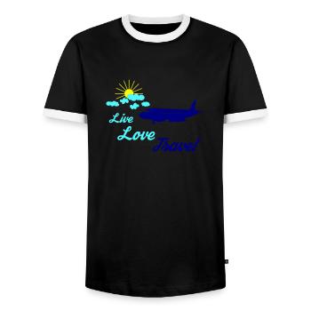 Live Love Travel 02 - Men's Ringer Shirt - black/white - Front - AI Model Female 172 light (172cm) & AI Model Male 178 light (178cm)
