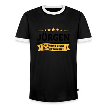 Jürgen – Der Name steht für Top-Qualität! - Männer Kontrast-T-Shirt - Schwarz/Weiß - Vorne - AI Model Female 172 light (172cm) & AI Model Male 178 light (178cm)