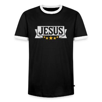 Jesus Christ Banner Quote - Men's Ringer Shirt - black/white - Front - AI Model Female 172 light (172cm) & AI Model Male 178 light (178cm)