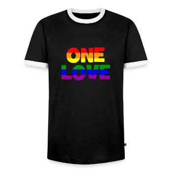 ONE LOVE LGBTQ Gay Lesbienne - T-shirt contrasté Homme - noir/blanc - Devant - AI Model Female 172 light (172cm) & AI Model Male 178 light (178cm)