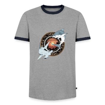 Hammerhead Great White Shark Hawaiian - Men's Ringer Shirt - grey/navy  - Front - AI Model Female 172 light (172cm) & AI Model Male 178 light (178cm)
