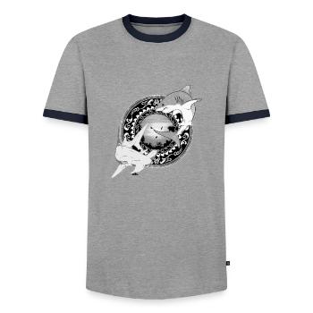 Hammerhead Great White Shark Hawaiian - Men's Ringer Shirt - grey/navy  - Front - AI Model Female 172 light (172cm) & AI Model Male 178 light (178cm)