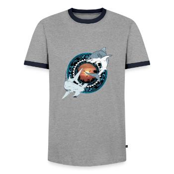 Hammerhead Great White Shark Hawaiian - Men's Ringer Shirt - grey/navy  - Front - AI Model Female 172 light (172cm) & AI Model Male 178 light (178cm)