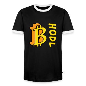 Bitcoin BTC HODL Comics Style - Men's Ringer Shirt - black/white - Front - AI Model Female 172 light (172cm) & AI Model Male 178 light (178cm)
