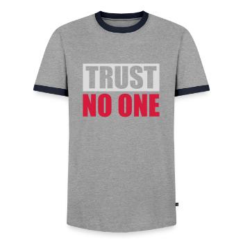 trust no one quote - Men's Ringer Shirt - grey/navy  - Front - AI Model Female 172 light (172cm) & AI Model Male 178 light (178cm)
