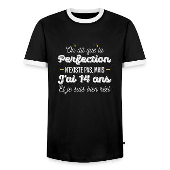 perfection 14 ans / humour anniversaire 14 ans - T-shirt contrasté Homme - noir/blanc - Devant - AI Model Female 172 light (172cm) & AI Model Male 178 light (178cm)