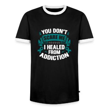 You Don't Scare Me I Healed From Addiction - Men's Ringer Shirt - black/white - Front - AI Model Female 172 light (172cm) & AI Model Male 178 light (178cm)