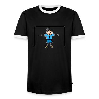 Football - Number one goalkeeper in goal blue - Men's Ringer Shirt - black/white - Front - AI Model Female 172 light (172cm) & AI Model Male 178 light (178cm)