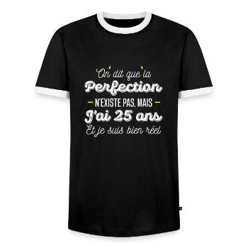 25 ans de perfection / humour anniversaire 25 ans - T-shirt contrasté Homme - noir/blanc - Devant - AI Model Female 172 light (172cm) & AI Model Male 178 light (178cm)