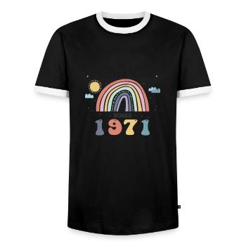 Making The World a Better Place Since 1971, 52nd - Men's Ringer Shirt - black/white - Front - AI Model Female 172 light (172cm) & AI Model Male 178 light (178cm)