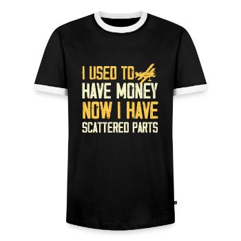 I used to have money now scattered parts Design - Men's Ringer Shirt - black/white - Front - AI Model Female 172 light (172cm) & AI Model Male 178 light (178cm)
