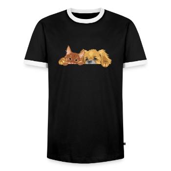 Chat roux et chien pékinois - T-shirt contrasté Homme - noir/blanc - Devant - AI Model Female 172 light (172cm) & AI Model Male 178 light (178cm)
