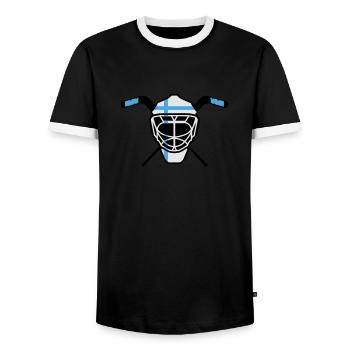 Hockey Goalie Maske Finnland - Männer Kontrast-T-Shirt - Schwarz/Weiß - Vorne - AI Model Female 172 light (172cm) & AI Model Male 178 light (178cm)