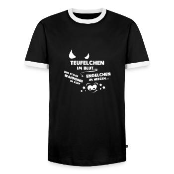 Teufelchen im Blut - Männer Kontrast-T-Shirt - Schwarz/Weiß - Vorne - AI Model Female 172 light (172cm) & AI Model Male 178 light (178cm)
