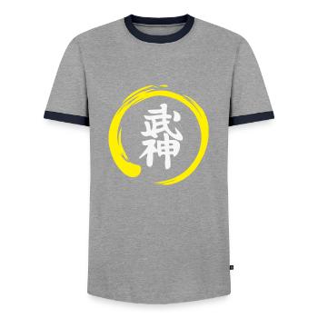 Kanji Bujinkan mit gelbem Kreis - Männer Kontrast-T-Shirt - Grau/Navy  - Vorne - AI Model Female 172 light (172cm) & AI Model Male 178 light (178cm)