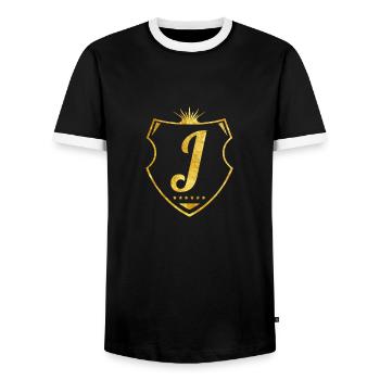 j letter - Men's Ringer Shirt - black/white - Front - AI Model Female 172 light (172cm) & AI Model Male 178 light (178cm)