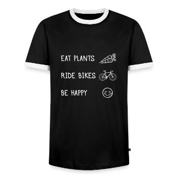 Eat Plants Ride Bikes Be Happy Gift - Men's Ringer Shirt - black/white - Front - AI Model Female 172 light (172cm) & AI Model Male 178 light (178cm)