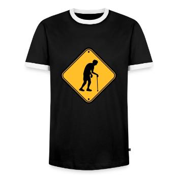 Attention retirement home sign - Men's Ringer Shirt - black/white - Front - AI Model Female 172 light (172cm) & AI Model Male 178 light (178cm)