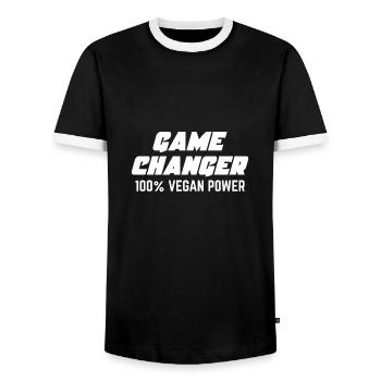 Game Changer 100% Vegan Power Gift - Men's Ringer Shirt - black/white - Front - AI Model Female 172 light (172cm) & AI Model Male 178 light (178cm)