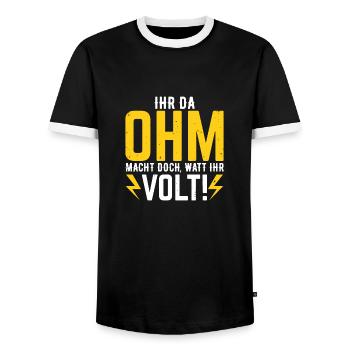 Ihr da Ohm macht doch Watt ihr Volt Elektriker - Männer Kontrast-T-Shirt - Schwarz/Weiß - Vorne - AI Model Female 172 light (172cm) & AI Model Male 178 light (178cm)