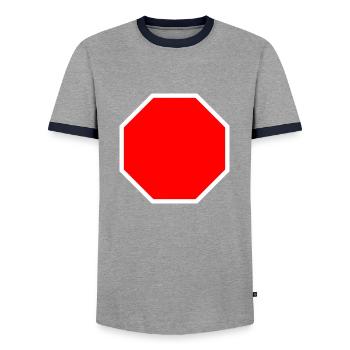 Stop sign template + YOUR TEXT - Men's Ringer Shirt - grey/navy  - Front - AI Model Female 172 light (172cm) & AI Model Male 178 light (178cm)