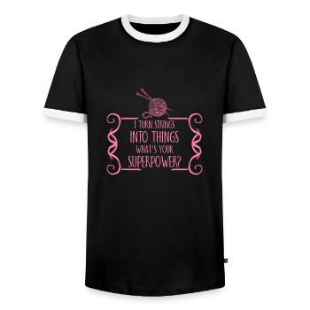 I turn strings into things superpower knitting - Men's Ringer Shirt - black/white - Front - AI Model Female 172 light (172cm) & AI Model Male 178 light (178cm)