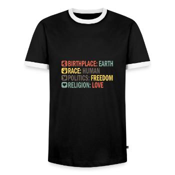Birthplace Earth Race Human Anti Racism - Men's Ringer Shirt - black/white - Front - AI Model Female 172 light (172cm) & AI Model Male 178 light (178cm)