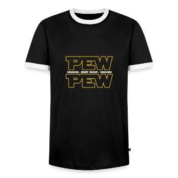 Pew Pew Wars Funny Sci-fi Space Star Noises - Men's Ringer Shirt - black/white - Front - AI Model Female 172 light (172cm) & AI Model Male 178 light (178cm)
