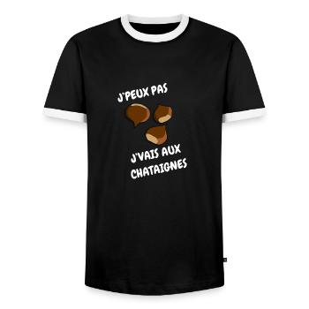J’peux pas j’vais au châtaignes - T-shirt contrasté Homme - noir/blanc - Devant - AI Model Female 172 light (172cm) & AI Model Male 178 light (178cm)