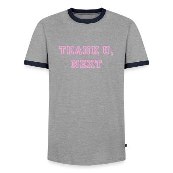 Phrase Thank you, next Ariana Pink Vintage - Men's Ringer Shirt - grey/navy  - Front - AI Model Female 172 light (172cm) & AI Model Male 178 light (178cm)