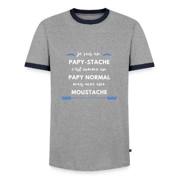 papy-stache papy avec moustache. Cadeau f^te papi - T-shirt contrasté Homme - gris/marine  - Devant - AI Model Female 172 light (172cm) & AI Model Male 178 light (178cm)