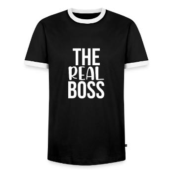 The real boss - Men's Ringer Shirt - black/white - Front - AI Model Female 172 light (172cm) & AI Model Male 178 light (178cm)