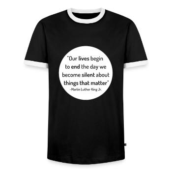 MLK Jr. Quote | Martin Luther King Jr. 2.0 - Men's Ringer Shirt - black/white - Front - AI Model Female 172 light (172cm) & AI Model Male 178 light (178cm)
